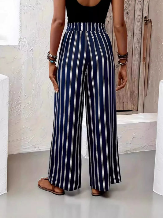Full Size Striped High Waist Wide Leg Pants Plus Size