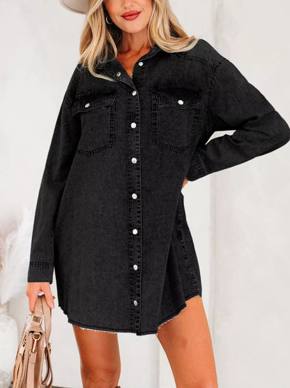 Chest Pocket Raw Hem Denim Loose Shirt Dress