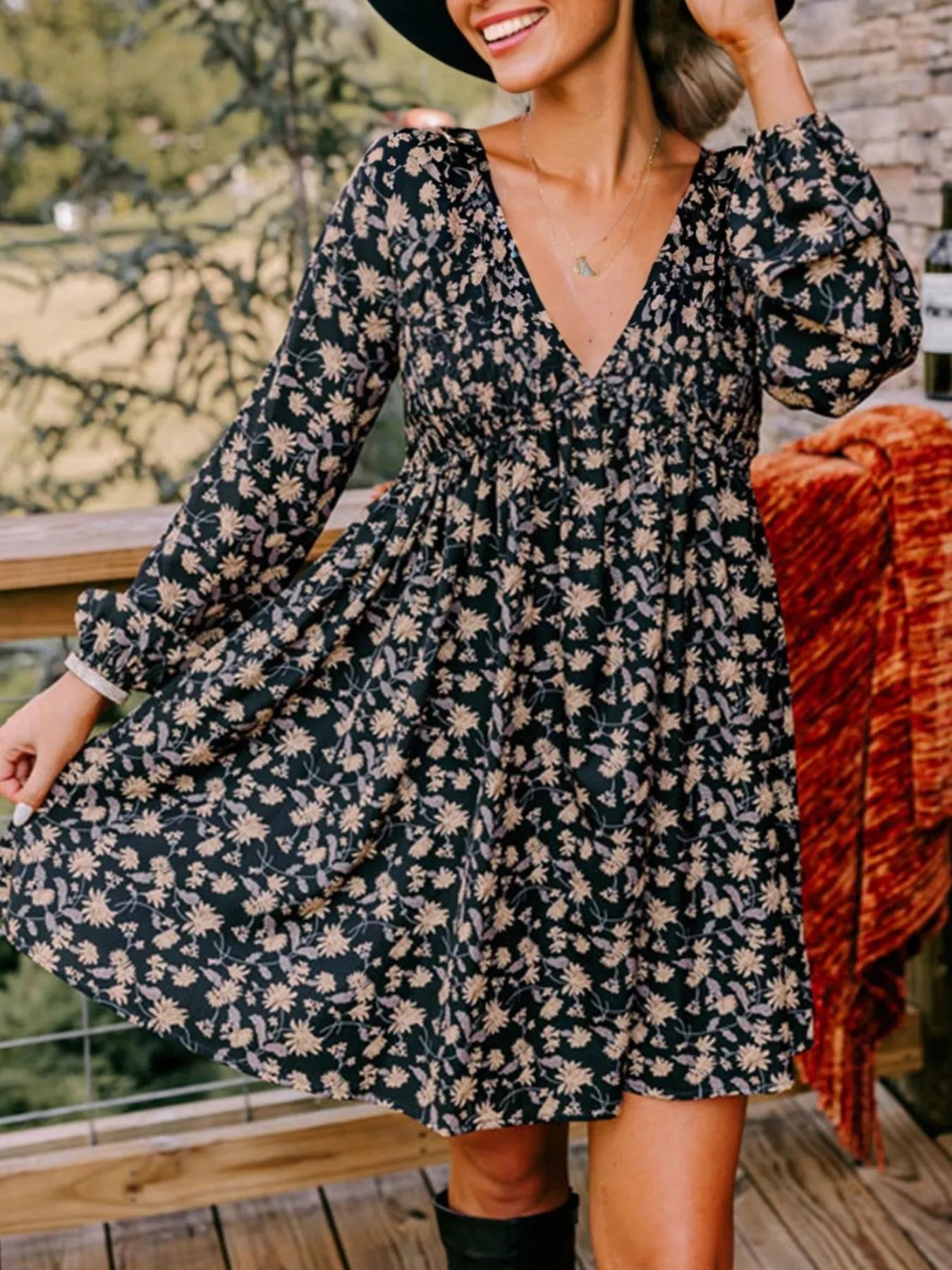 Floral Deep V Neck Smocked Bust Bubble Sleeve Babydoll Dress Black