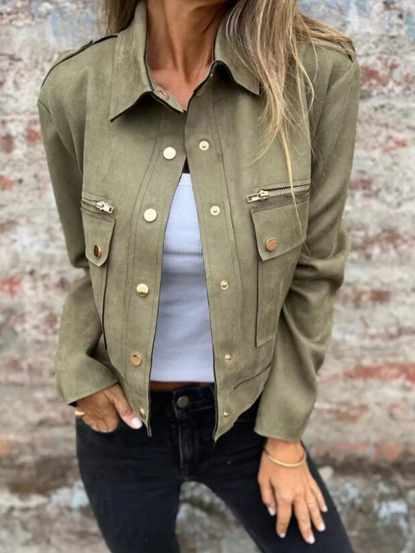 Full Size Snap Down Long Sleeve Jacket Plus Size Army Green