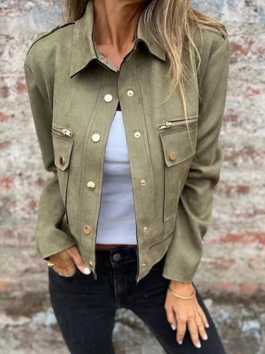 Full Size Snap Down Long Sleeve Jacket Plus Size Army Green