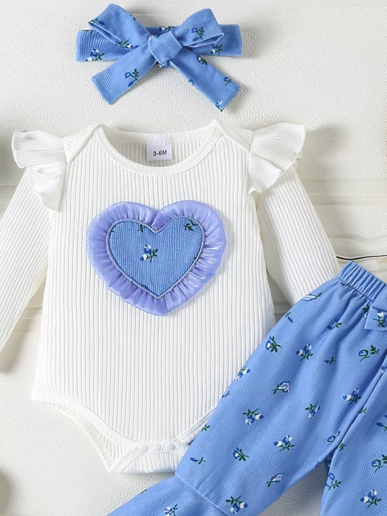 Children's Ruffled Bodysuit and Floral Pants Outfit Set with Headband