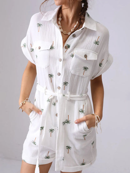 Palm Tree Print Short Sleeve Button-Up Romper with Belt