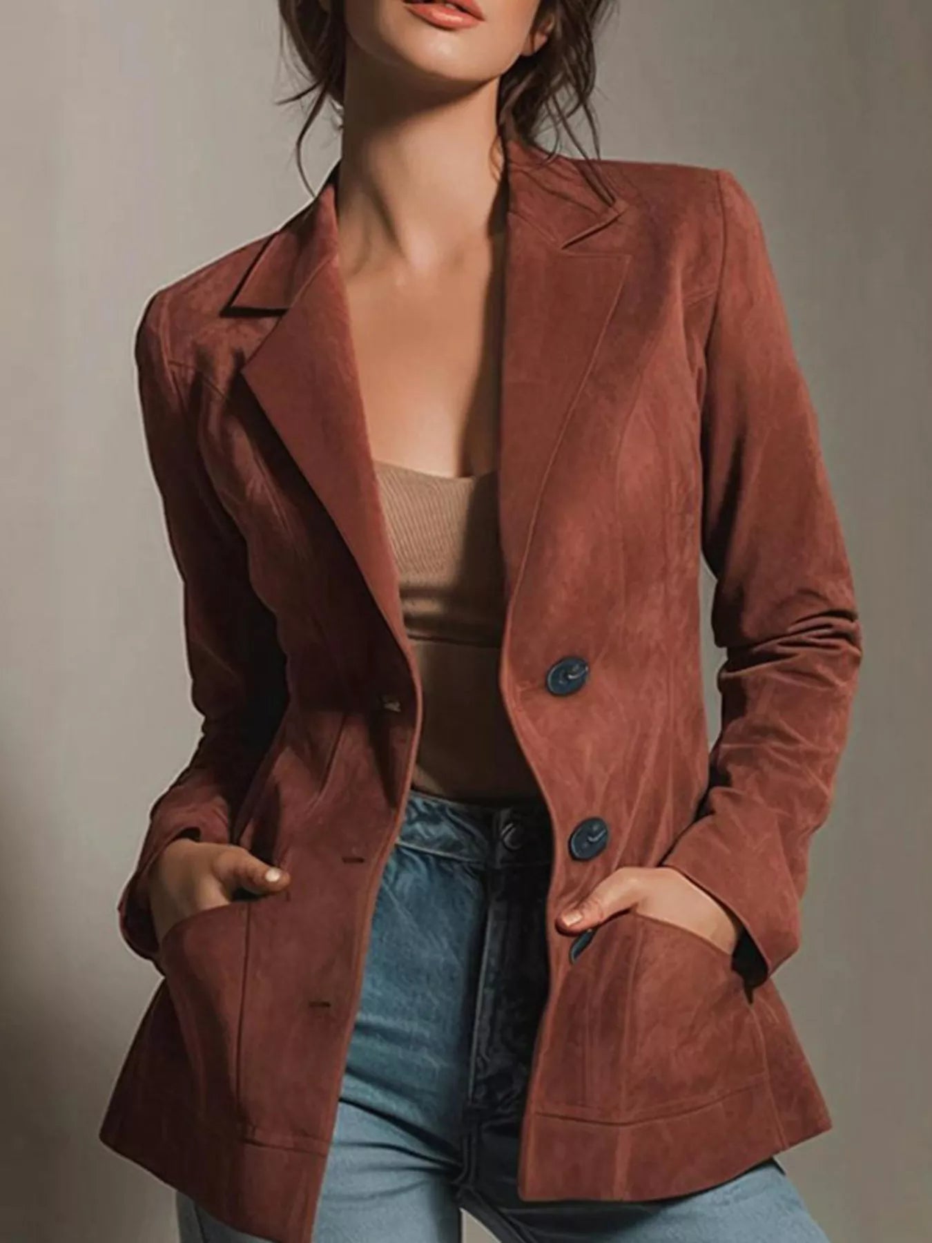 Button Up Lapel Collar Blazer Khaki
