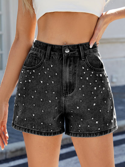 Rhinestone Washed High Waist Denim Shorts Black