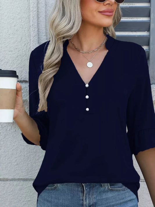 Full Size Notched Flounce Sleeve Blouse Plus Size Navy
