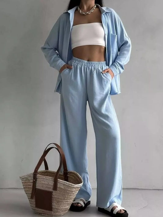 Button Down Shirt and Pants Set Light Blue