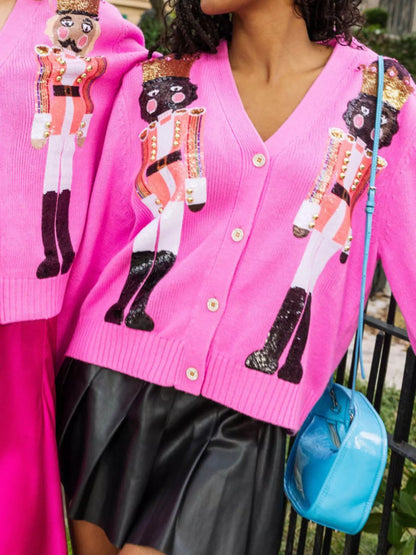 Nutcracker Ribbed Hem V-Neck Cardigan