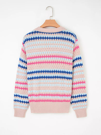 Stripe Eyelet Patterned Drop Shoulder Sweater