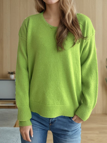 V-Neck Dropped Shoulder Long Sleeve Sweater Lime One Size