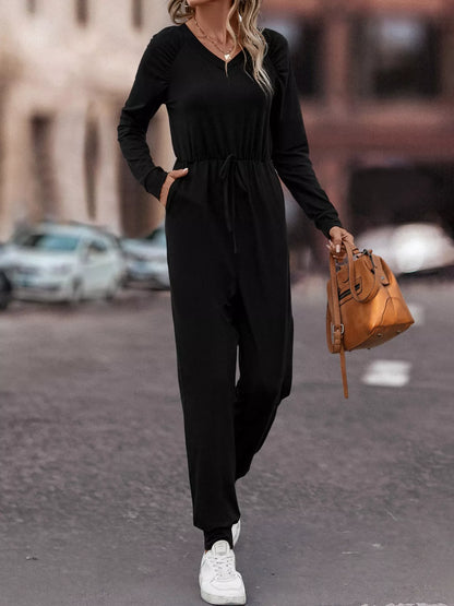Casual Long Sleeve Drawstring Waist Jumpsuit