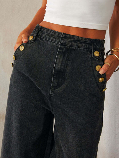 Button Decor High Rise Wide Leg Jeans Dark