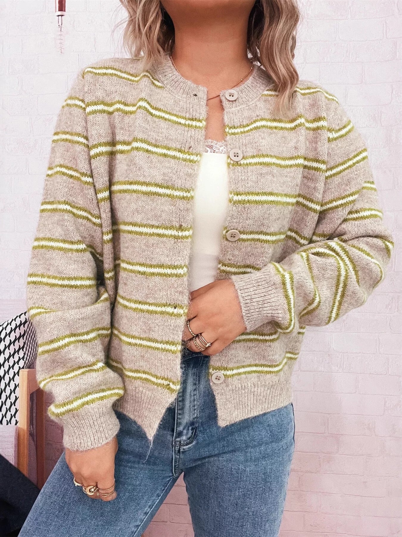 Striped Button-Up Long Sleeve Cardigan Apricot One Size