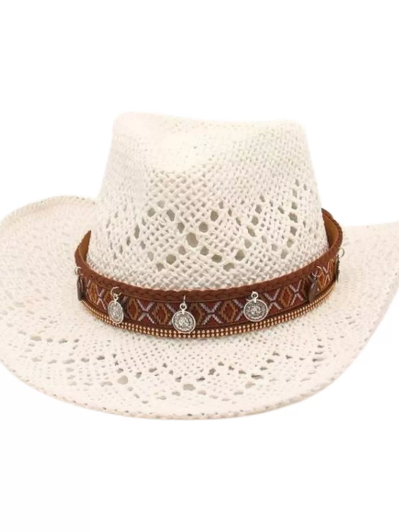 Boho Woven Cowboy Hat Ivory One Size