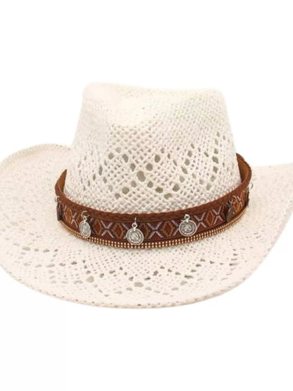 Boho Woven Cowboy Hat Ivory One Size