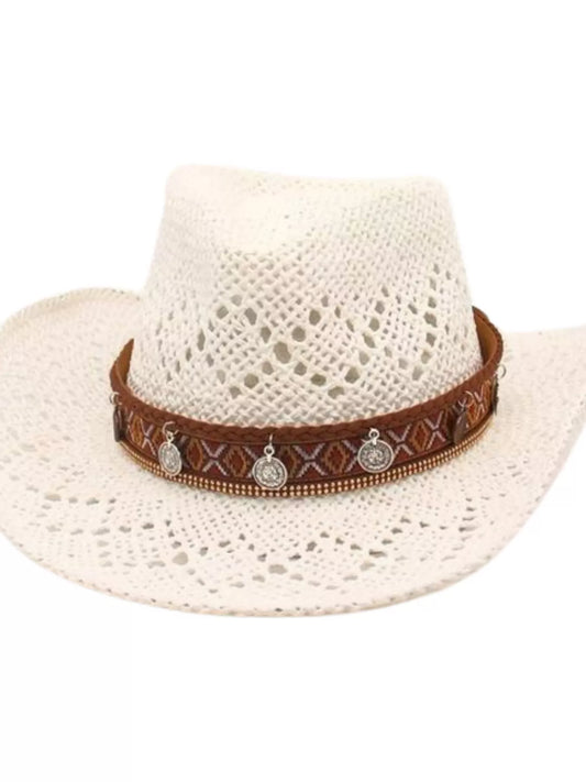 Boho Woven Cowboy Hat Ivory One Size