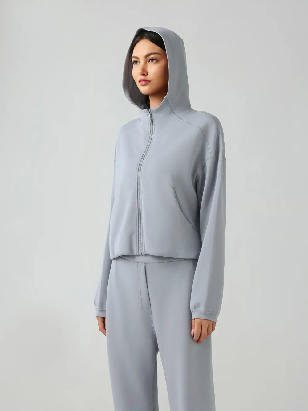 Millennia Zip Up Dropped Shouder Active Hooded Light Blue