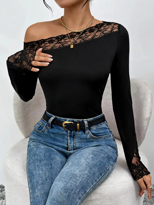 Lace Trim One Shoulder Bodysuit