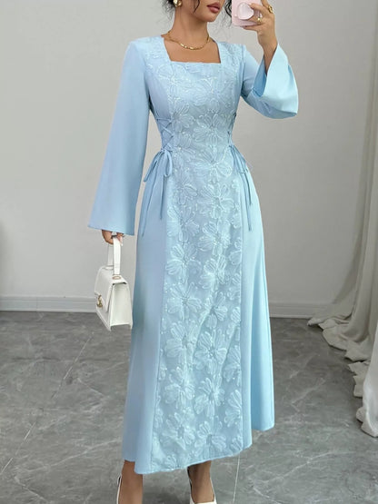 Lace Up Square Neck Long Sleeve Maxi Dress