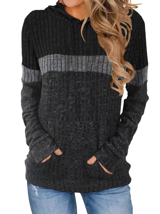 Full Size Color Block Ribbed Knit Hoodie Plus Size Black