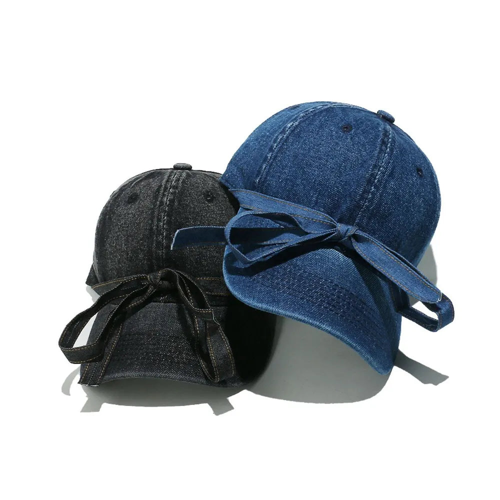 Washed Bow Denim Baseball Cap Navy One Size