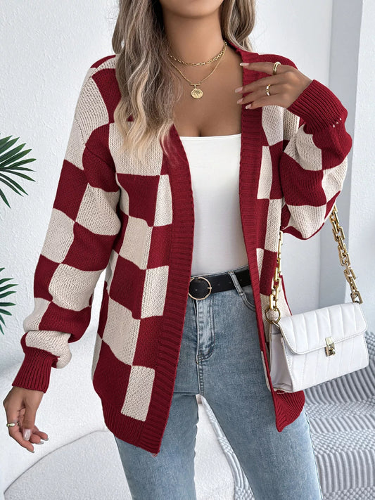 Checkered Pattern Open Front Cardigan Burgundy