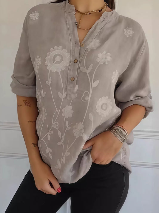 Full Size Floral Embroidered Button Detail Blouse Plus Size Khaki