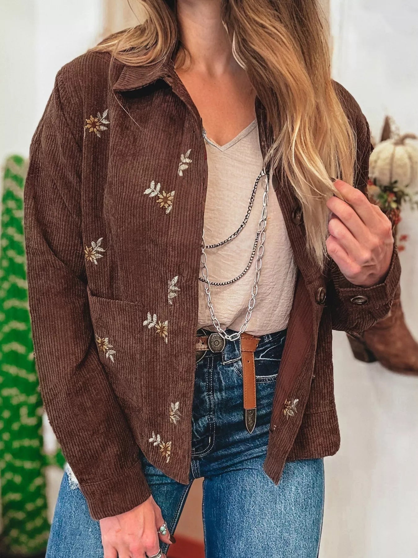 Floral Embroidered Collar Button Front Corduroy Jacket Brown