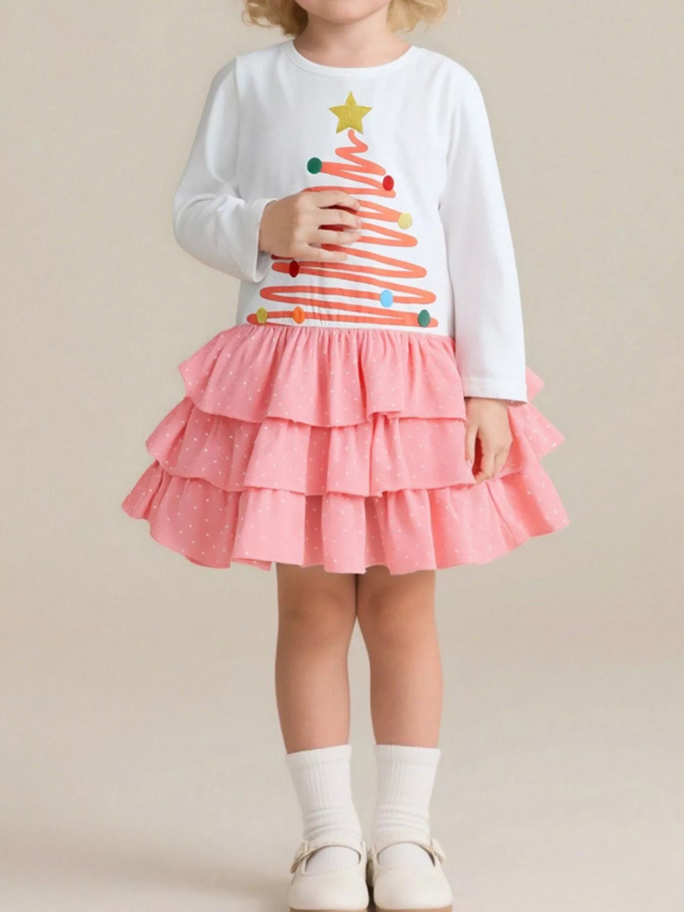 Children's Christmas Tree Ruffle Layered Dress White
