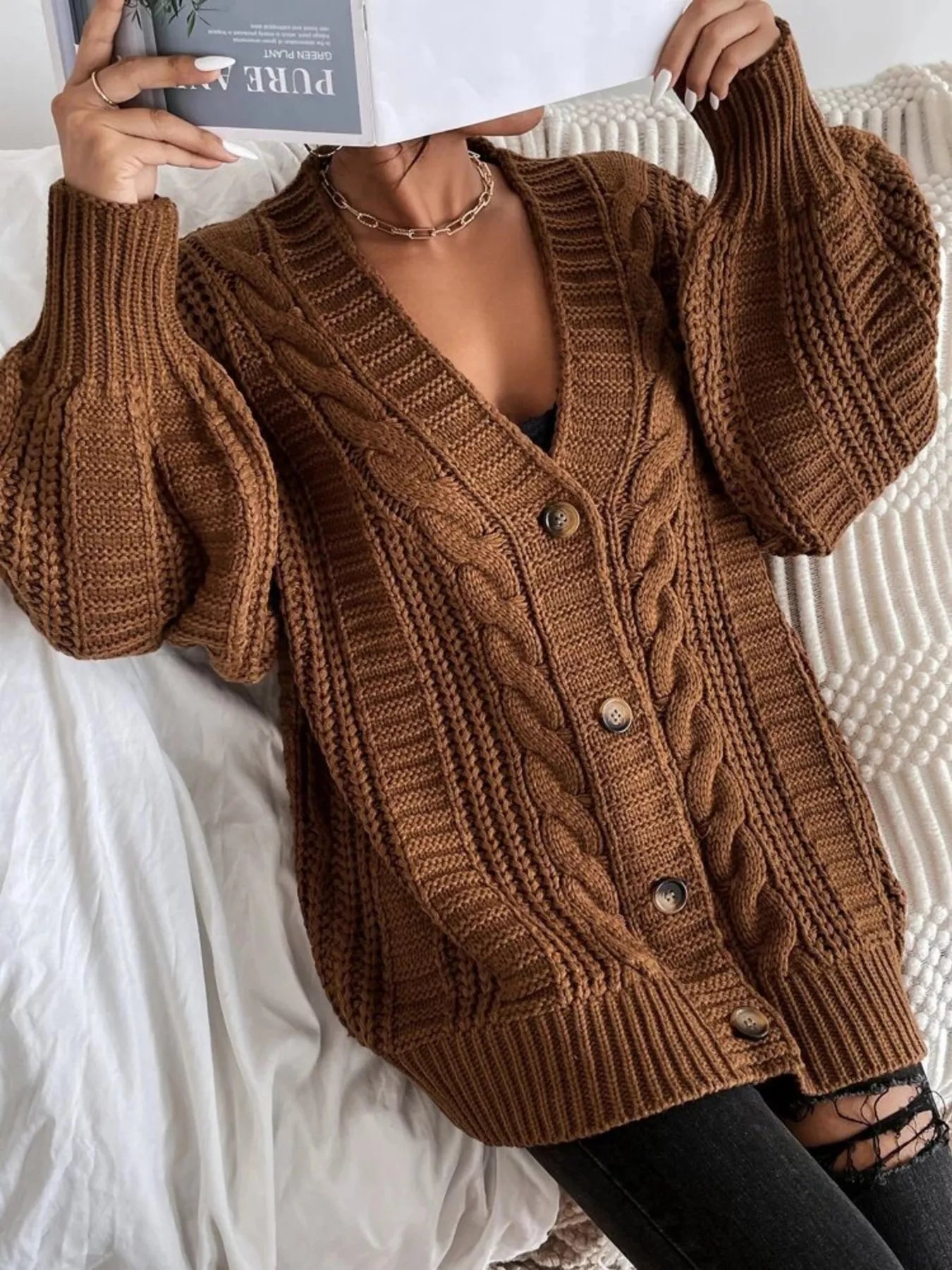 Chunky Knit Cable Knit Button-Up Cardigan
