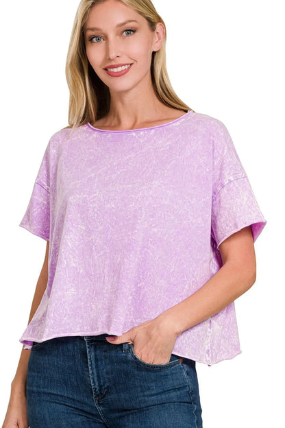 Zenana Washed Crew Neck Short Sleeve Crop Box Tee B LAVENDER