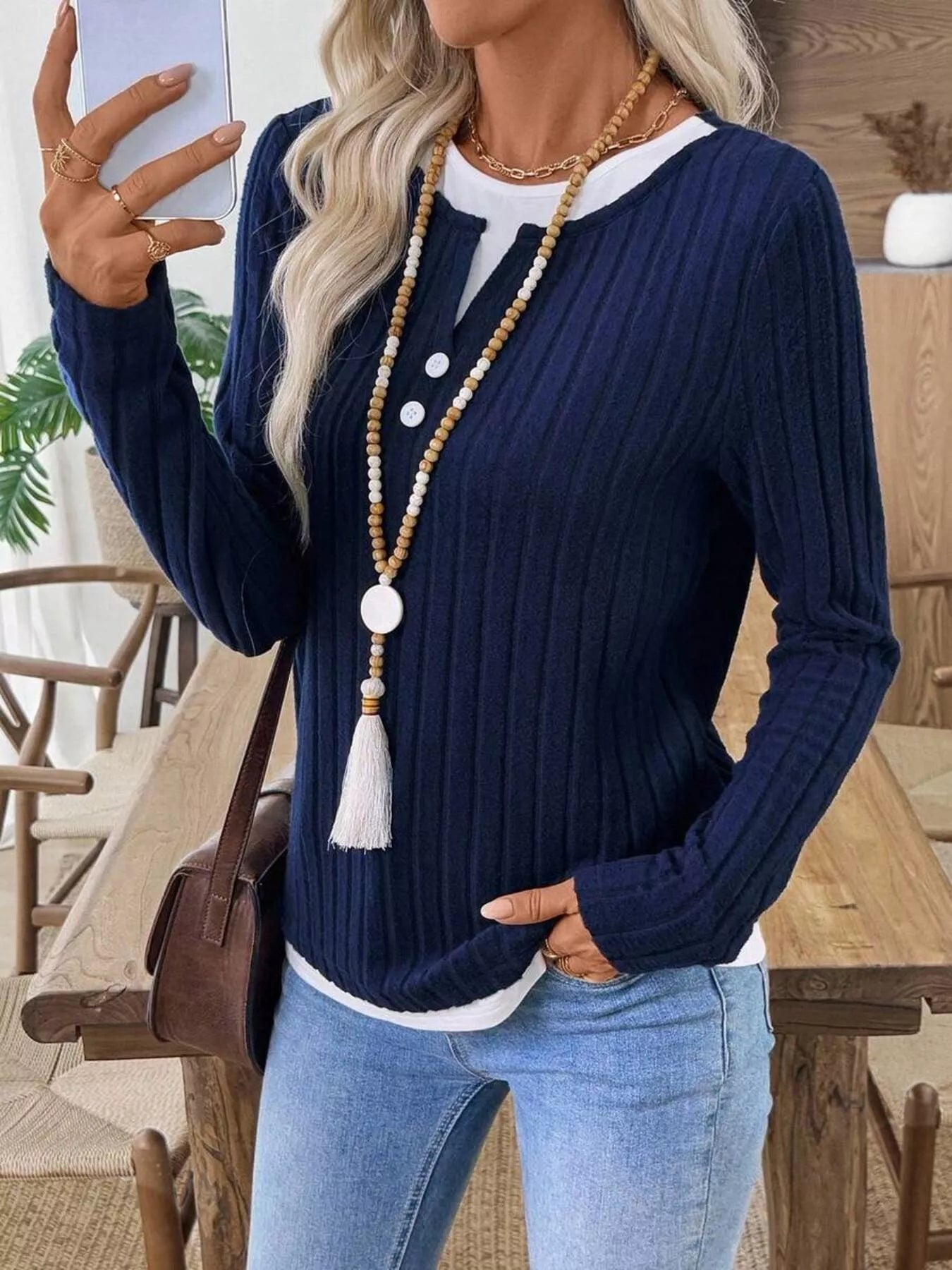 Ribbed Knit Button Detail Contrast Sweater Navy
