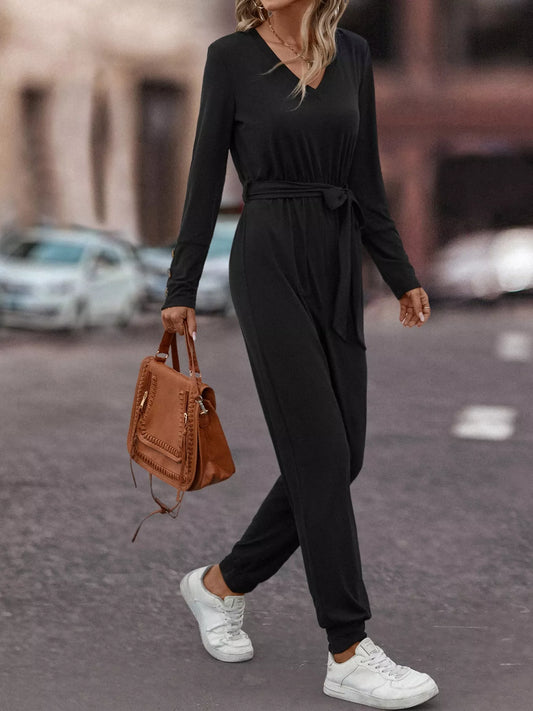 V-Neck Long Sleeve Tie Waist Jumpsuit