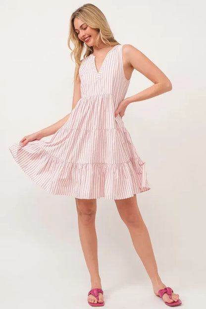 Lime 'N' Chili Striped Sleeveless V-Neck Tiered Dress PINK