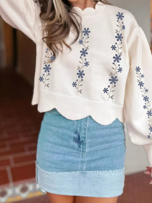Floral Embroidered Scallop Hem Cropped Sweater White