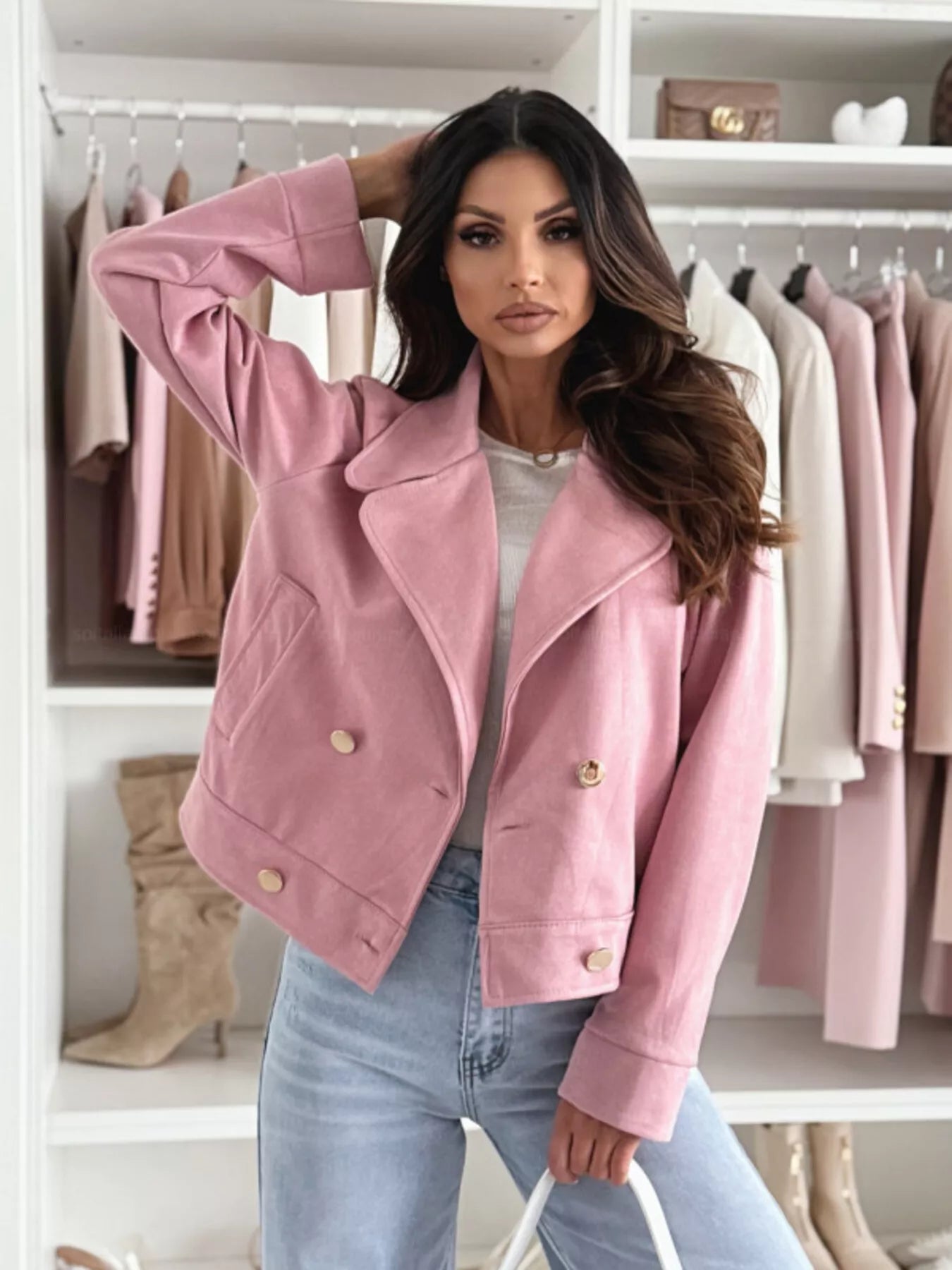 Double-Breasted Lapel Collar Jacket Pink