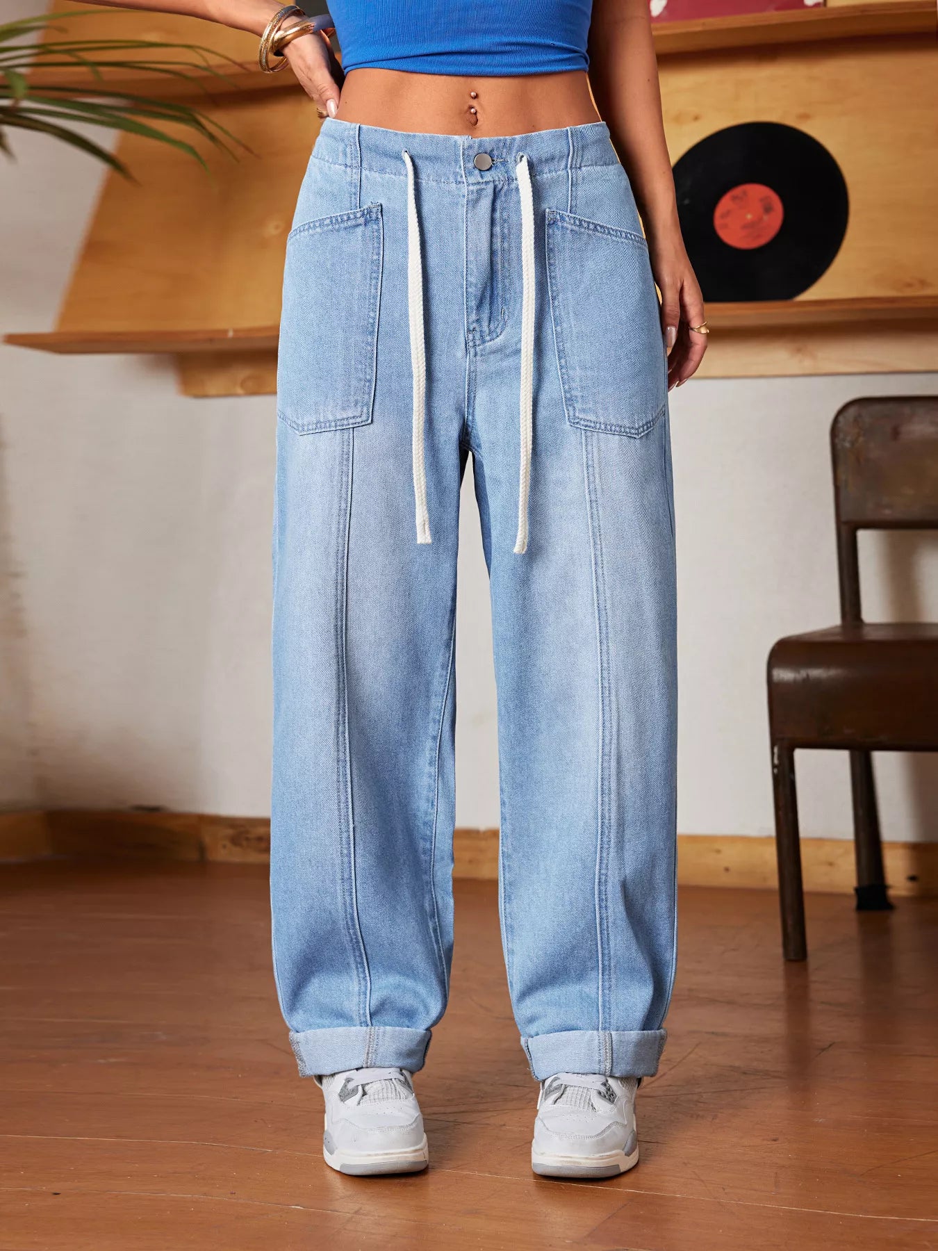 Drawstring Wide Leg Jeans Light Blue