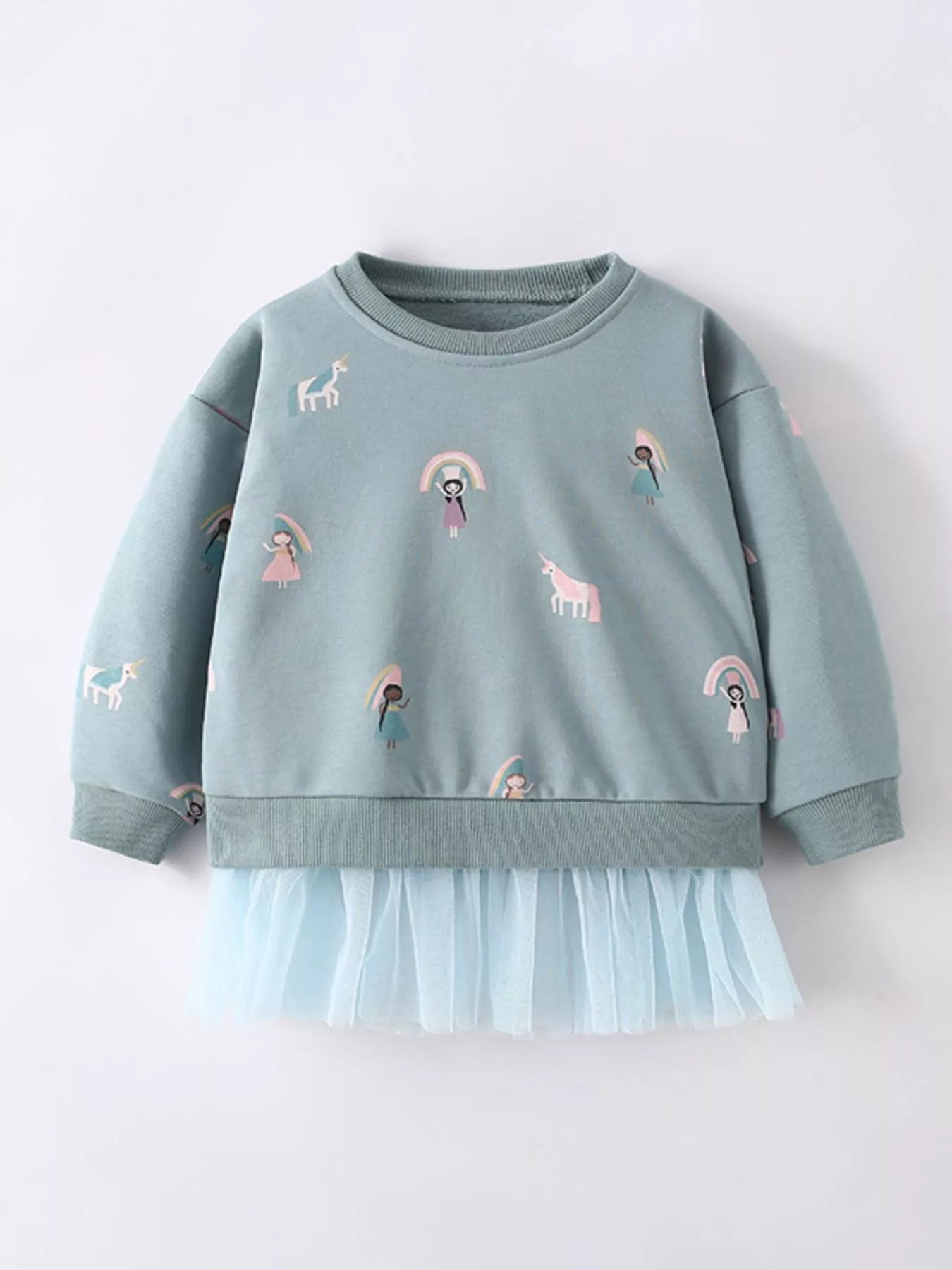 Children's Cute Cartoon Print Sweatshirt with Tulle Hem Sage