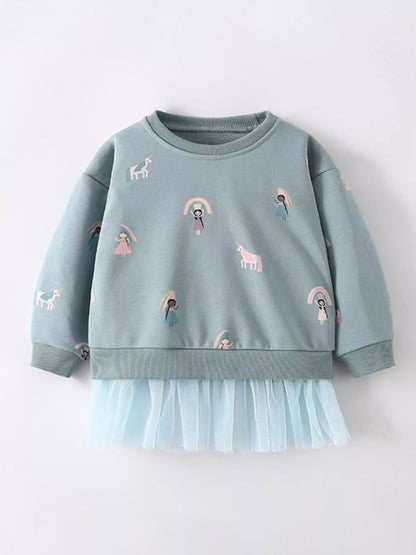 Children's Cute Cartoon Print Sweatshirt with Tulle Hem Sage