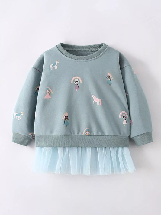 Children's Cute Cartoon Print Sweatshirt with Tulle Hem Sage