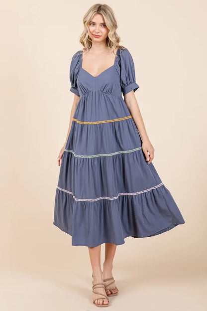 Lime 'N' Chili Trim Detail Puff Sleeve Tiered Maxi Dress