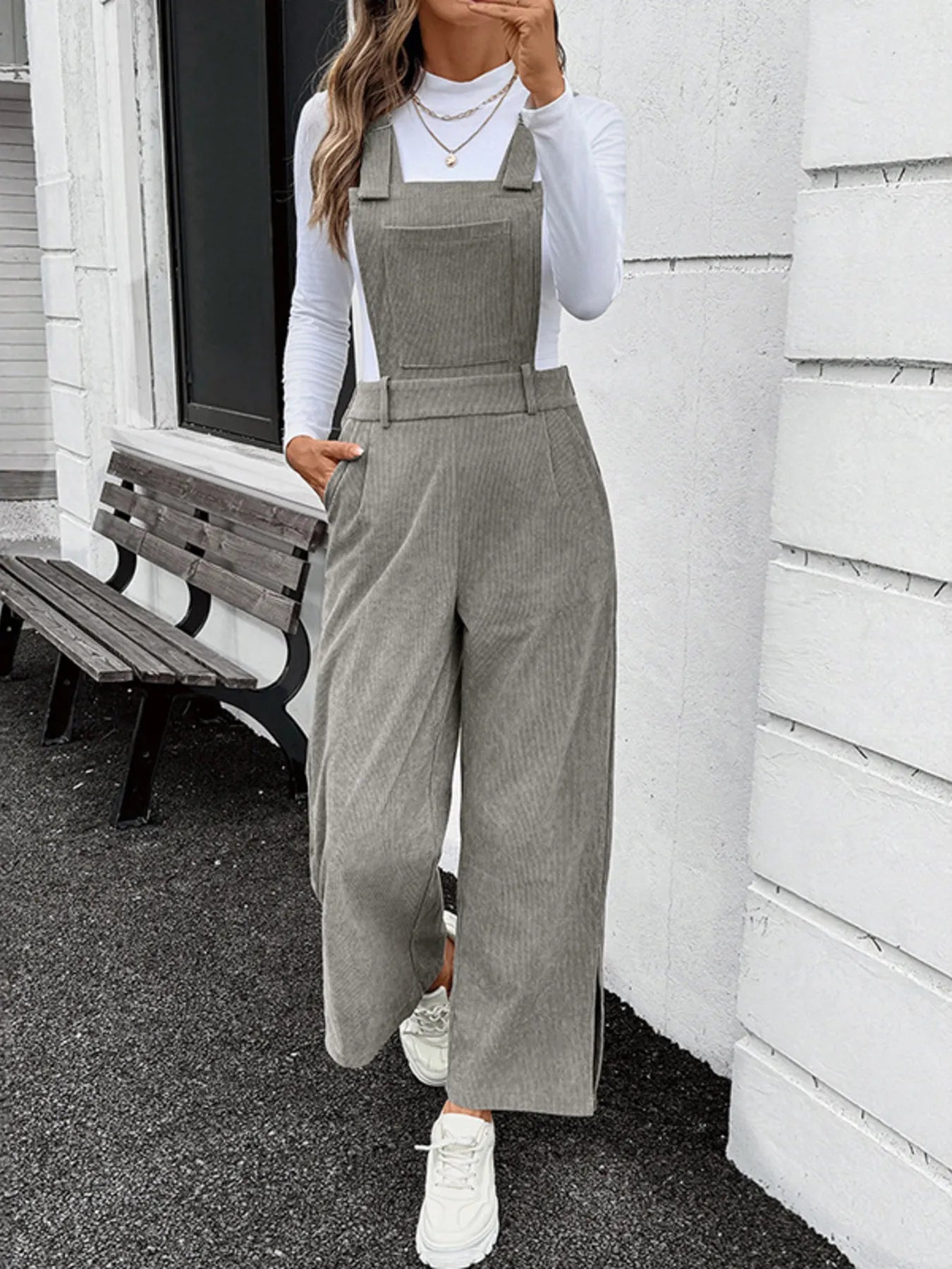 Slit Wide Leg Overalls with Pockets