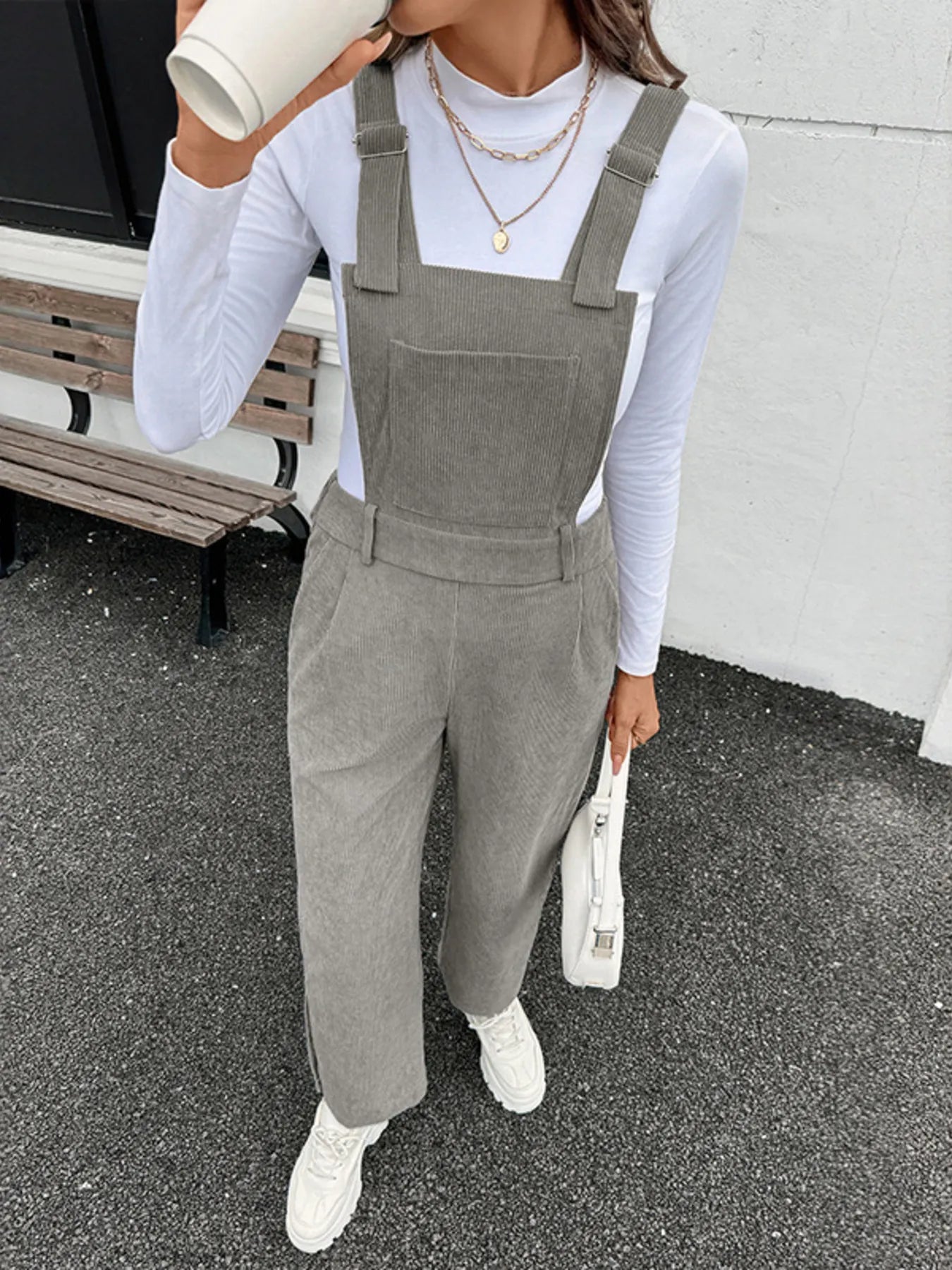 Slit Wide Leg Overalls with Pockets