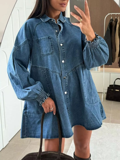 Button Down Mini Denim Dress with Front Pockets