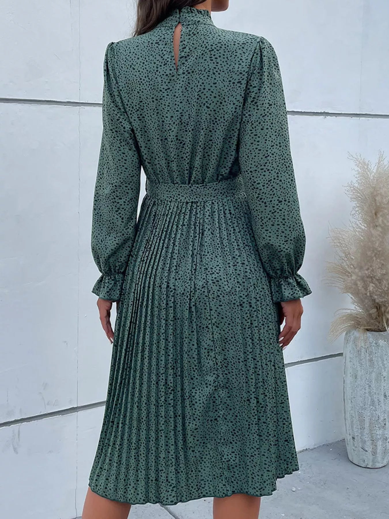 Animal Print Mock Neck Flounce Sleeve Dress