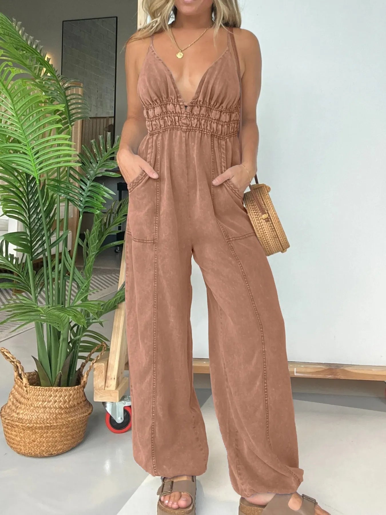 Full Size Wide Leg Spaghetti Strap Jumpsuit Plus Size Brown