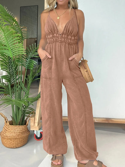 Full Size Wide Leg Spaghetti Strap Jumpsuit Plus Size Brown
