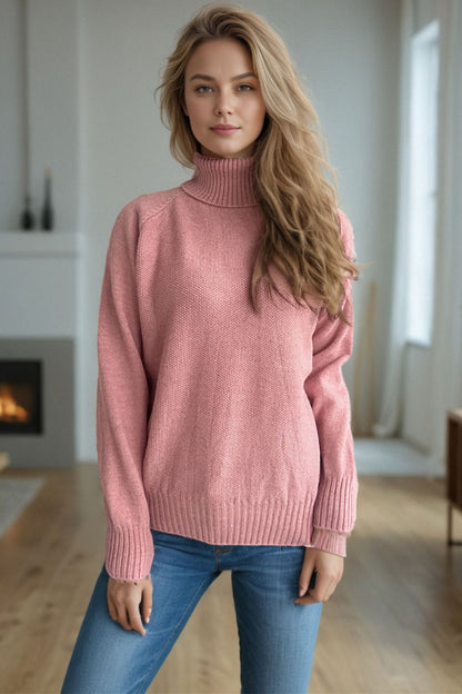 Ribbed Turtleneck Raglan Sleeve Sweater Blush Pink One Size