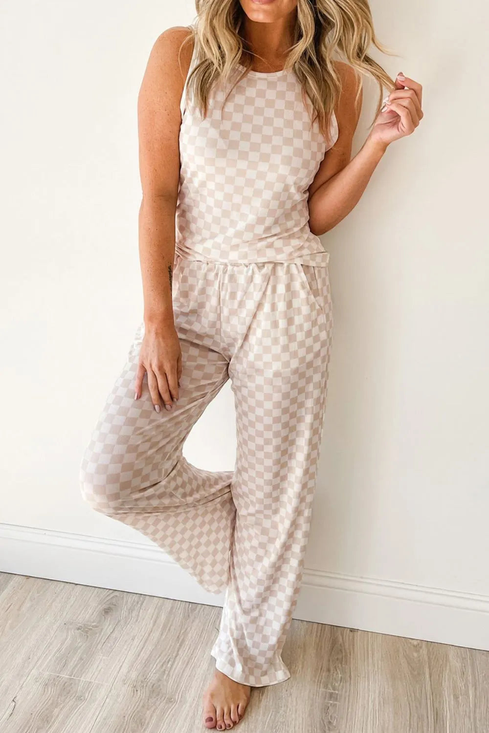 Ribbed Texture Checkered Print Tank and Pants Set