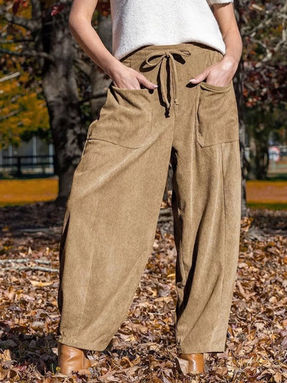 Casual Corduroy Wide Leg Pants with Pockets Khaki